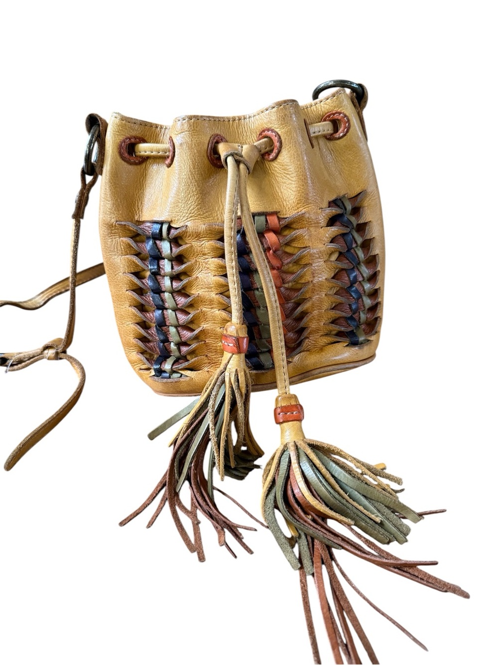 Frye Tan Leather Drawstring Crossbody with Multicolor Woven Detail